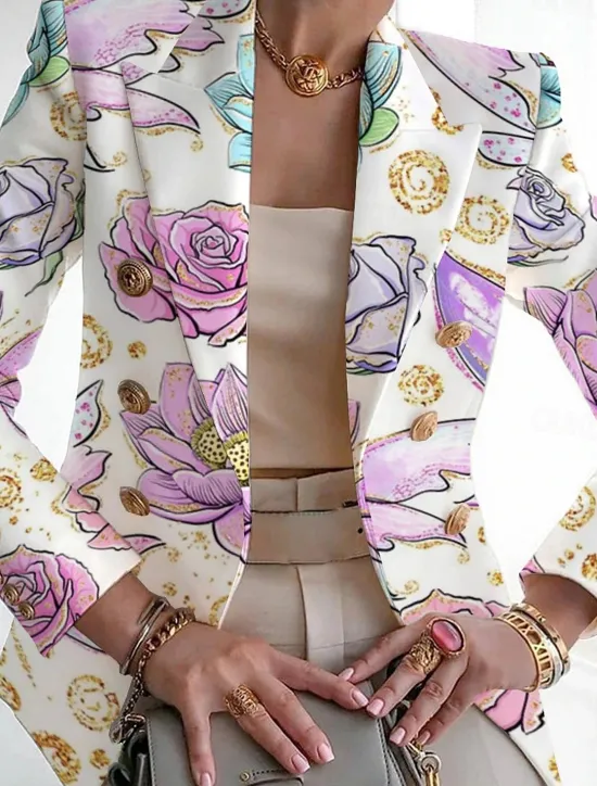 New Women's Blazer Breathable Comfortable Print Fashion Casual Leaf Work Office / Career Casual Double Breasted Regular Turndown Regular Fit Long Sleeve Outerwear White Pink Light Purple Summer Women Blazers & Suits
