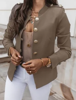 Outlet Women's Blazer Breathable Comfortable Pocket Casual Plain Office Street Casual Daily Wear Single Breasted Short Stand Collar Regular Fit Long Sleeve Outerwear Black White Wine Summer Women Blazers & Suits
