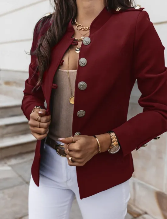 Outlet Women's Blazer Breathable Comfortable Pocket Casual Plain Office Street Casual Daily Wear Single Breasted Short Stand Collar Regular Fit Long Sleeve Outerwear Black White Wine Summer Women Blazers & Suits