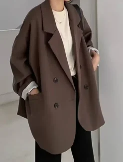 Online Women's Blazer Breathable Comfortable Patchwork Pocket Daily Modern Solid Color Work Casual Daily Regular Turndown Regular Fit Long Sleeve Outerwear Black Ivory Brown Fall Winter Women Blazers & Suits