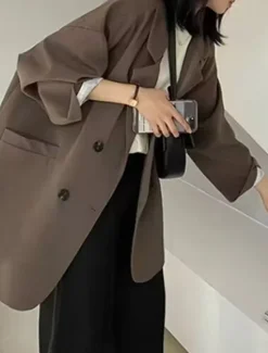 Online Women's Blazer Breathable Comfortable Patchwork Pocket Daily Modern Solid Color Work Casual Daily Regular Turndown Regular Fit Long Sleeve Outerwear Black Ivory Brown Fall Winter Women Blazers & Suits
