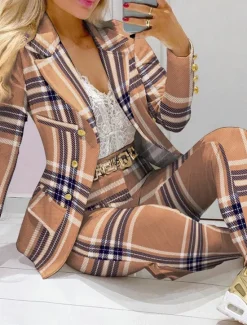 Clearance Women's Blazer Chinos Long Sleeve Shirt Collar Plaid Patchwork Fall Regular Fit Women Two Piece Sets