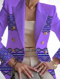 Online Women's Blazer Comfortable Breathable Pocket Buttons Print Fashion Casual Geometric Office Street Casual Daily Wear Single Breasted Regular Turndown Regular Fit Long Sleeve Outerwear Pink Purple Women Blazers & Suits