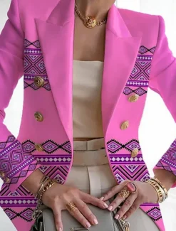 Online Women's Blazer Comfortable Breathable Pocket Buttons Print Fashion Casual Geometric Office Street Casual Daily Wear Single Breasted Regular Turndown Regular Fit Long Sleeve Outerwear Pink Purple Women Blazers & Suits