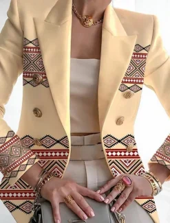 Online Women's Blazer Comfortable Breathable Pocket Buttons Print Fashion Casual Geometric Office Street Casual Daily Wear Single Breasted Regular Turndown Regular Fit Long Sleeve Outerwear Pink Purple Women Blazers & Suits