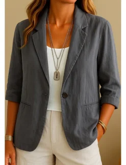 Hot Women's Blazer Comfortable Breathable Pocket Casual Plain Office Street Casual Daily Wear Single Breasted Regular Turndown Regular Fit Long Sleeve Outerwear Blue Beige Gray Summer Spring Women Blazers & Suits