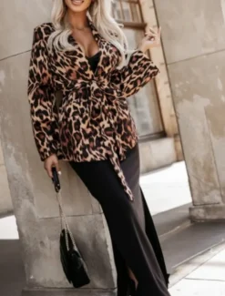 Sale Women's Blazer Comfortable Breathable Lace up Pocket Casual Leopard Office Street Casual Daily Wear Single Breasted Regular Turndown Regular Fit Long Sleeve Outerwear Black White Yellow Spring Fall Women Blazers & Suits
