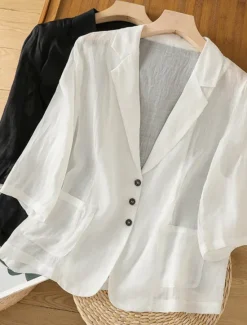 New Women's Blazer Comfortable Breathable Pocket Casual Plain Office Street Casual Daily Wear Single Breasted Regular Turndown Regular Fit Long Sleeve Outerwear Black White Summer Women Shirts