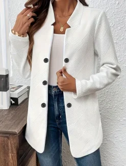 Discount Women's Blazer Comfortable Breathable Buttons Casual Plain Office Street Casual Daily Wear Single Breasted Regular Stand Collar Regular Fit Long Sleeve Outerwear Black White Pink Summer Fall Women Blazers & Suits