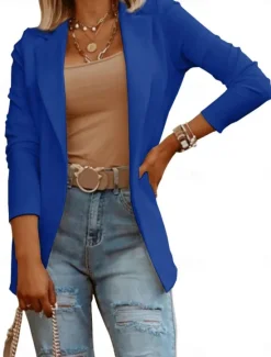 Discount Women's Blazer Comfortable Breathable Slim Fit Casual Plain Office Street Casual Daily Wear Open Front Regular Turndown Slim Long Sleeve Outerwear Black White Blue Fall Women Blazers & Suits