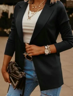 Discount Women's Blazer Comfortable Breathable Slim Fit Casual Plain Office Street Casual Daily Wear Open Front Regular Turndown Slim Long Sleeve Outerwear Black White Blue Fall Women Blazers & Suits
