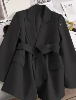 New Women's Blazer Comfortable Breathable Lace up Pocket Casual Plain Office Street Casual Daily Wear Open Front Regular Turndown Regular Fit Long Sleeve Outerwear Black Green Beige Summer Fall Women Blazers & Suits