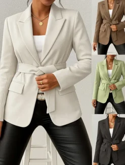 New Women's Blazer Comfortable Breathable Lace up Pocket Casual Plain Office Street Casual Daily Wear Open Front Regular Turndown Regular Fit Long Sleeve Outerwear Black Green Beige Summer Fall Women Blazers & Suits