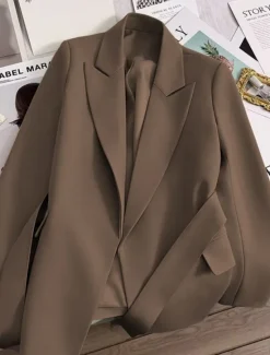 New Women's Blazer Comfortable Breathable Lace up Pocket Casual Plain Office Street Casual Daily Wear Open Front Regular Turndown Regular Fit Long Sleeve Outerwear Black Green Beige Summer Fall Women Blazers & Suits