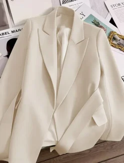 New Women's Blazer Comfortable Breathable Lace up Pocket Casual Plain Office Street Casual Daily Wear Open Front Regular Turndown Regular Fit Long Sleeve Outerwear Black Green Beige Summer Fall Women Blazers & Suits