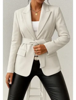 New Women's Blazer Comfortable Breathable Lace up Pocket Casual Plain Office Street Casual Daily Wear Open Front Regular Turndown Regular Fit Long Sleeve Outerwear Black Green Beige Summer Fall Women Blazers & Suits