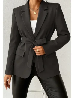 New Women's Blazer Comfortable Breathable Lace up Pocket Casual Plain Office Street Casual Daily Wear Open Front Regular Turndown Regular Fit Long Sleeve Outerwear Black Green Beige Summer Fall Women Blazers & Suits