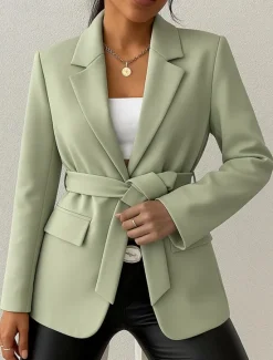New Women's Blazer Comfortable Breathable Lace up Pocket Casual Plain Office Street Casual Daily Wear Open Front Regular Turndown Regular Fit Long Sleeve Outerwear Black Green Beige Summer Fall Women Blazers & Suits