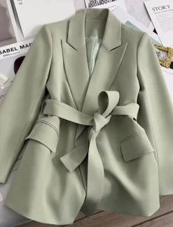 New Women's Blazer Comfortable Breathable Lace up Pocket Casual Plain Office Street Casual Daily Wear Open Front Regular Turndown Regular Fit Long Sleeve Outerwear Black Green Beige Summer Fall Women Blazers & Suits