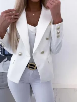 Clearance Women's Blazer Comfortable Breathable Pocket Elegant Formal Plain Office Street Casual Daily Wear Double Breasted Regular Turndown Regular Fit Long Sleeve Outerwear White Khaki Summer Spring Women Blazers & Suits
