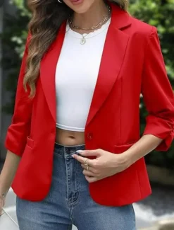 Online Women's Blazer Comfortable Breathable Pocket Casual Plain Office Street Casual Daily Wear Single Breasted Regular Turndown Regular Fit Long Sleeve Outerwear Black White Red Spring Fall Women Blazers & Suits