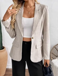 Best Women's Blazer Comfortable Buttons Elegant Vintage Fashion OL Style Plain Formal Office Work Casual Single Breasted Short Notch Lapel Regular Fit Long Sleeve Outerwear Spring Fall Women Blazers & Suits