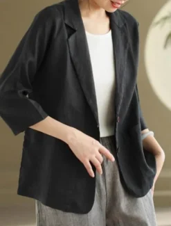 New Women's Blazer Comfortable Breathable Pocket Vintage Casual Plain Office Street Casual Daily Wear Single Breasted Regular Turndown Regular Fit 3/4 Length Sleeve Outerwear Black White Khaki Summer Fall Women Blazers & Suits
