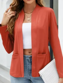 Outlet Women's Blazer Comfortable Breathable Pocket Casual Plain Office Street Casual Daily Wear Open Front Regular Stand Collar Regular Fit Long Sleeve Outerwear Navy White Blue Summer Spring Women Blazers & Suits