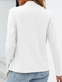 Outlet Women's Blazer Comfortable Breathable Pocket Casual Plain Office Street Casual Daily Wear Open Front Regular Stand Collar Regular Fit Long Sleeve Outerwear Navy White Blue Summer Spring Women Blazers & Suits