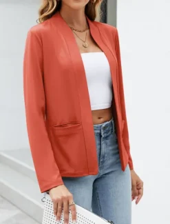 Outlet Women's Blazer Comfortable Breathable Pocket Casual Plain Office Street Casual Daily Wear Open Front Regular Stand Collar Regular Fit Long Sleeve Outerwear Navy White Blue Summer Spring Women Blazers & Suits