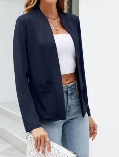 Outlet Women's Blazer Comfortable Breathable Pocket Casual Plain Office Street Casual Daily Wear Open Front Regular Stand Collar Regular Fit Long Sleeve Outerwear Navy White Blue Summer Spring Women Blazers & Suits