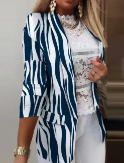 New Women's Blazer Comfortable Breathable Pocket Print Casual Geometric Office Street Casual Daily Wear Open Front Regular Turndown Regular Fit Long Sleeve Outerwear Black White Pink Summer Spring Women Blazers & Suits