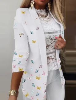 New Women's Blazer Comfortable Breathable Pocket Print Casual Geometric Office Street Casual Daily Wear Open Front Regular Turndown Regular Fit Long Sleeve Outerwear Black White Pink Summer Spring Women Blazers & Suits