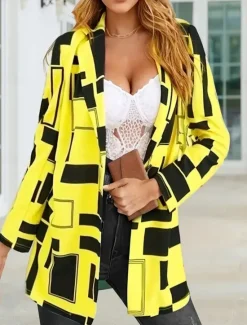 Best Women's Blazer Comfortable Breathable Print Casual Geometric Office Street Casual Daily Wear Single Breasted Long Turndown Regular Fit Long Sleeve Outerwear Black White Yellow Summer Fall Women Blazers & Suits