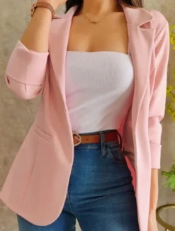 Women's Blazer Comfortable Breathable Pocket Casual Plain Office Street Casual Daily Wear Open Front Short Turndown Regular Fit Long Sleeve Outerwear Pink Blue Green Summer Fall Women Blazers & Suits