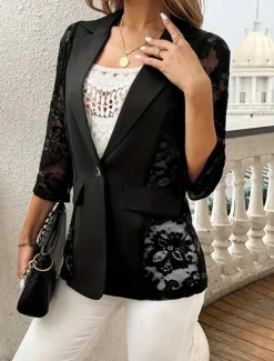 Hot Women's Blazer Comfortable Breathable Lace Patchwork Elegant Casual Plain Office Street Casual Daily Wear Single Breasted Regular Turndown Regular Fit 3/4 Length Sleeve Outerwear Summer Women Blazers & Suits