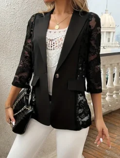 Hot Women's Blazer Comfortable Breathable Lace Patchwork Elegant Casual Plain Office Street Casual Daily Wear Single Breasted Regular Turndown Regular Fit 3/4 Length Sleeve Outerwear Summer Women Blazers & Suits