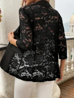 Hot Women's Blazer Comfortable Breathable Lace Patchwork Elegant Casual Plain Office Street Casual Daily Wear Single Breasted Regular Turndown Regular Fit 3/4 Length Sleeve Outerwear Summer Women Blazers & Suits