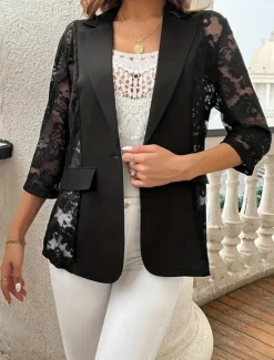 Hot Women's Blazer Comfortable Breathable Lace Patchwork Elegant Casual Plain Office Street Casual Daily Wear Single Breasted Regular Turndown Regular Fit 3/4 Length Sleeve Outerwear Summer Women Blazers & Suits