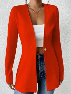 Outlet Women's Blazer Comfortable Breathable Buttons OL Style Casual Plain Office Street Casual Daily Wear Single Breasted Regular V Neck Regular Fit Long Sleeve Outerwear Black White Red Spring Fall Women Blazers & Suits