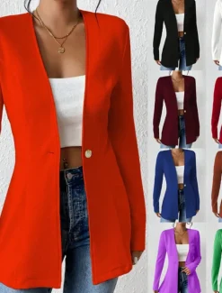 Outlet Women's Blazer Comfortable Breathable Buttons OL Style Casual Plain Office Street Casual Daily Wear Single Breasted Regular V Neck Regular Fit Long Sleeve Outerwear Black White Red Spring Fall Women Blazers & Suits