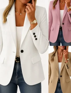 Clearance Women's Blazer Comfortable Breathable Pocket Casual Plain Office Street Casual Daily Wear Single Breasted Regular Turndown Regular Fit Long Sleeve Outerwear Black Pink Khaki Summer Spring Women Blazers & Suits