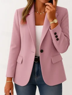 Clearance Women's Blazer Comfortable Breathable Pocket Casual Plain Office Street Casual Daily Wear Single Breasted Regular Turndown Regular Fit Long Sleeve Outerwear Black Pink Khaki Summer Spring Women Blazers & Suits