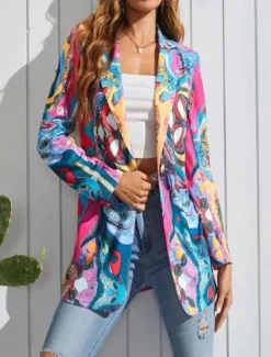 Sale Women's Blazer Comfortable Breathable Print Modern Casual Geometric Office Street Casual Daily Wear Single Breasted Regular Turndown Loose Fit Long Sleeve Outerwear Blue Purple Fuchsia Summer Spring Women Blazers & Suits
