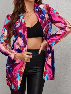 Sale Women's Blazer Comfortable Breathable Print Modern Casual Geometric Office Street Casual Daily Wear Single Breasted Regular Turndown Loose Fit Long Sleeve Outerwear Blue Purple Fuchsia Summer Spring Women Blazers & Suits