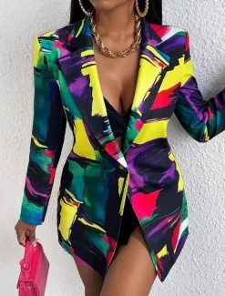 New Women's Blazer Comfortable Breathable Print Casual Floral Office Street Casual Daily Wear Open Front Regular Notch Lapel Regular Fit Long Sleeve Outerwear Black Yellow Pink Summer Fall Women Blazers & Suits