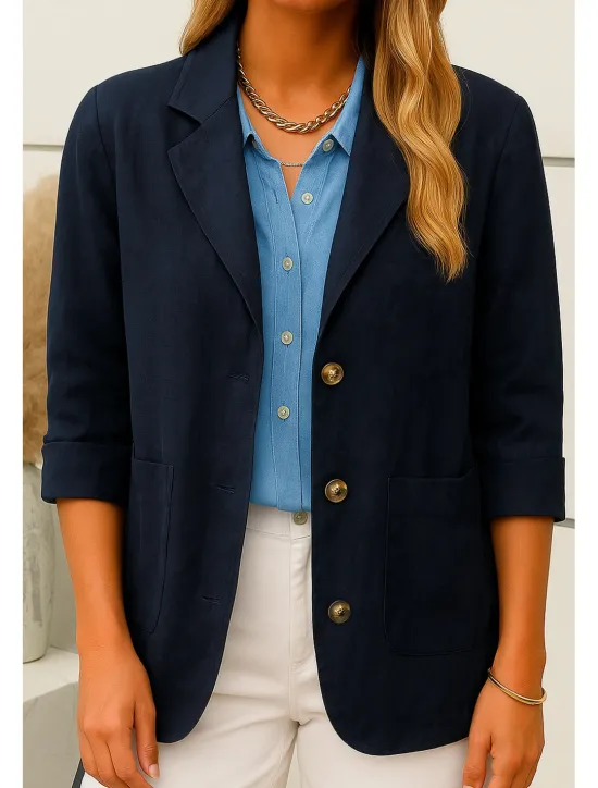Best Women's Blazer Comfortable Breathable Pocket Buttons Casual Plain Office Street Casual Daily Wear Single Breasted Regular Turndown Loose Fit Long Sleeve Outerwear Navy Beige Summer Fall Women Shirts|Blazers & Suits