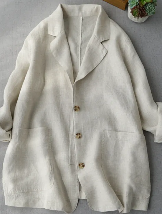 Best Women's Blazer Comfortable Breathable Pocket Buttons Casual Plain Office Street Casual Daily Wear Single Breasted Regular Turndown Loose Fit Long Sleeve Outerwear Navy Beige Summer Fall Women Shirts|Blazers & Suits