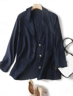 Best Women's Blazer Comfortable Breathable Pocket Buttons Casual Plain Office Street Casual Daily Wear Single Breasted Regular Turndown Loose Fit Long Sleeve Outerwear Navy Beige Summer Fall Women Shirts|Blazers & Suits