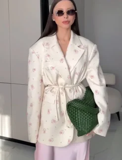 Women's Blazer Comfortable Print Elegant Vintage Fashion Daily Floral Vacation Party Birthday Casual Single Breasted Regular Notch Lapel Loose Fit Long Sleeve Outerwear White Apricot Summer Spring Women Blazers & Suits
